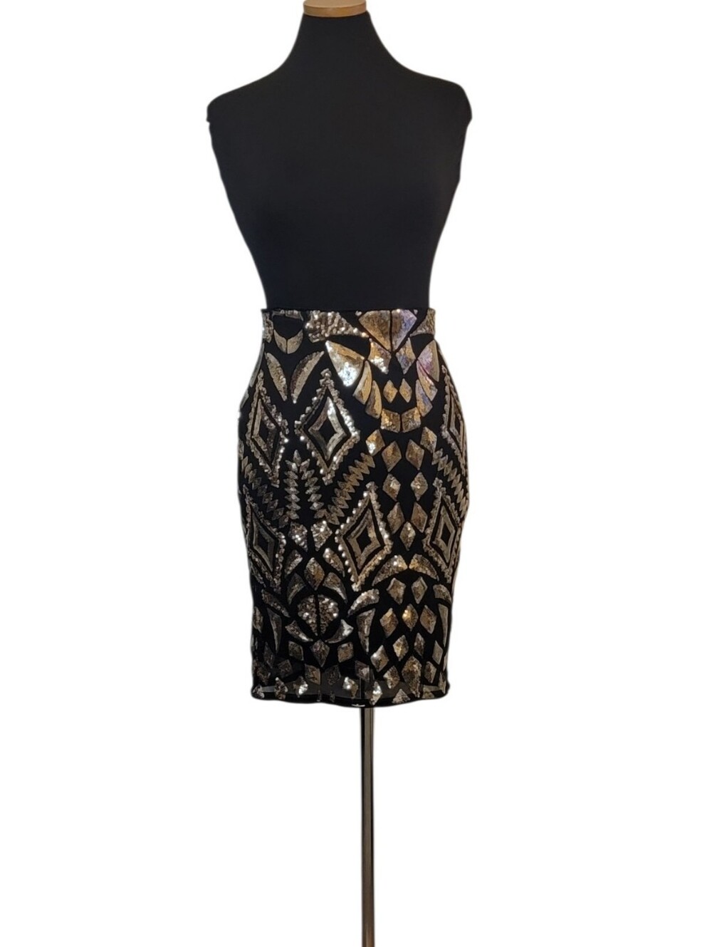 Cefian Sheer Sequins Black Gold Party Zip Midi Skirt